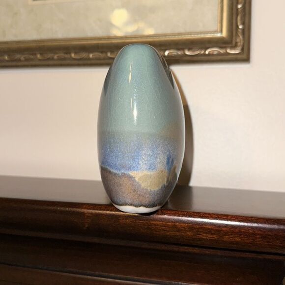 Vintage Artist Signed Decorative Rectangular Vase Teal Green Blue Tan - Picture 3 of 10